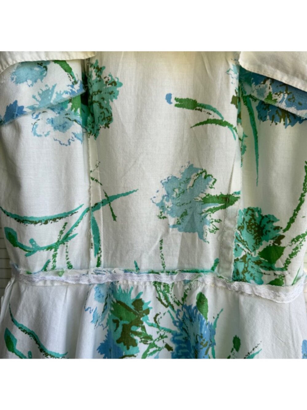 Womens Floral Sundress White & Blue Sleeveless Fit & Flare M (12) Vintage 50s - Picture 11 of 16